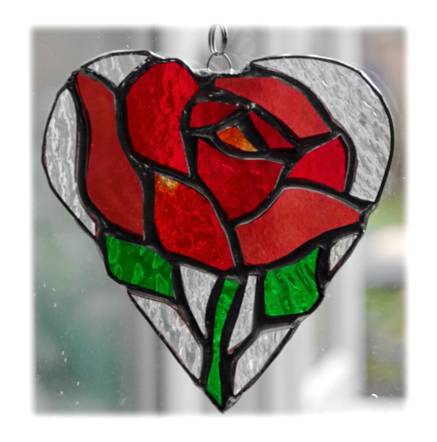 SOLD Red Rose Heart Suncatcher Stained Glass 017