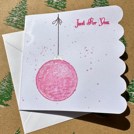 Pink and silver sparkly bauble watercolour art Christmas card 