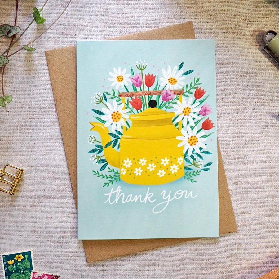 Image of Yellow Teapot & Daisies Thank you card