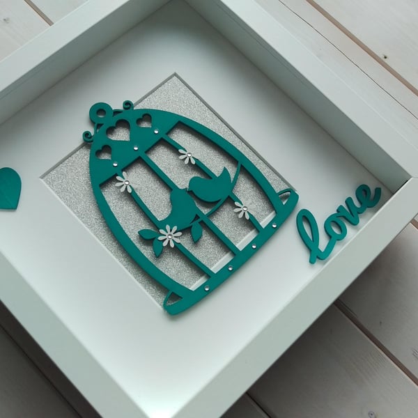 Framed Turquoise Bird Cage