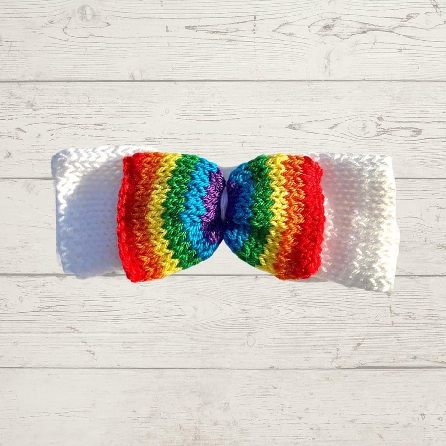 White Knitted Headband with Rainbow Bow Attached- Child’s