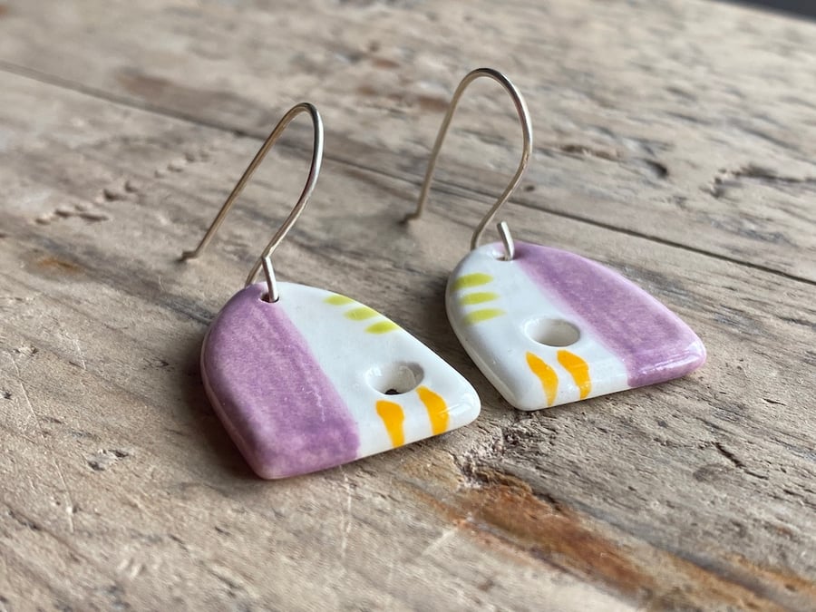 Earrings Dangly handmade Ceramic Lilac and Orange - Sterling Silver 