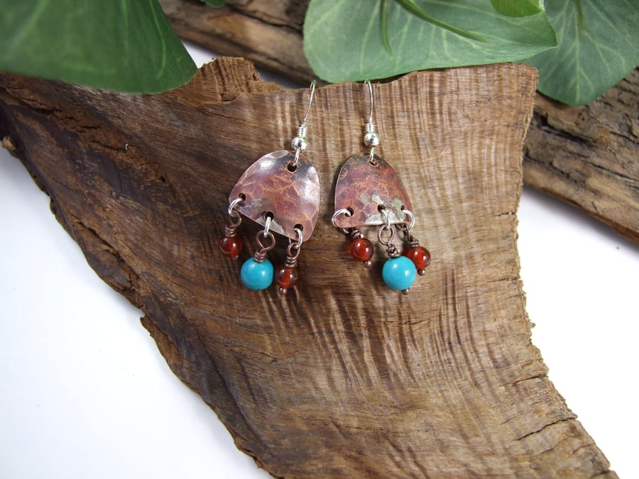 Artisan Earrings, Sterling Silver, Copper, Turquoise and Carnelian