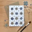 Blue Floral Printed Pressed Flower Greetings Card, blank inside, 5x7"