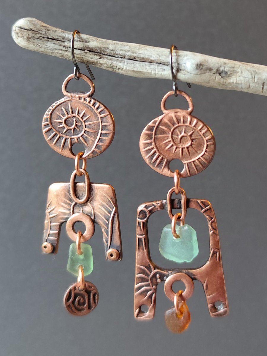 Seaglass dangly earrings, copper metal clay, unique jewellery, recycled material