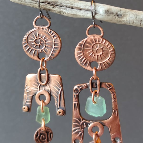 Seaglass dangly earrings, copper metal clay, unique jewellery, recycled material