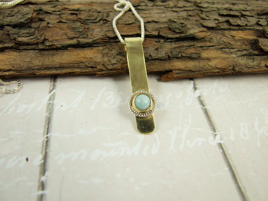 Larimar Pendant Necklace, Brass and Sterling Silver Pendant, Pale Blue Gemstone