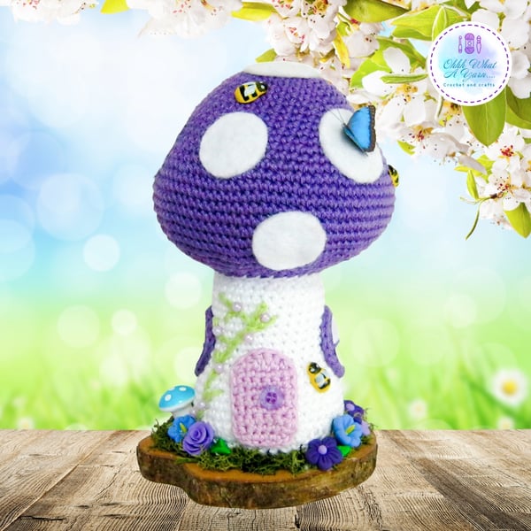Crochet purple toadstool fairy house decoration, ornament.