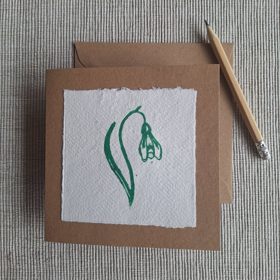 Linoprinted snowdrop greetings card