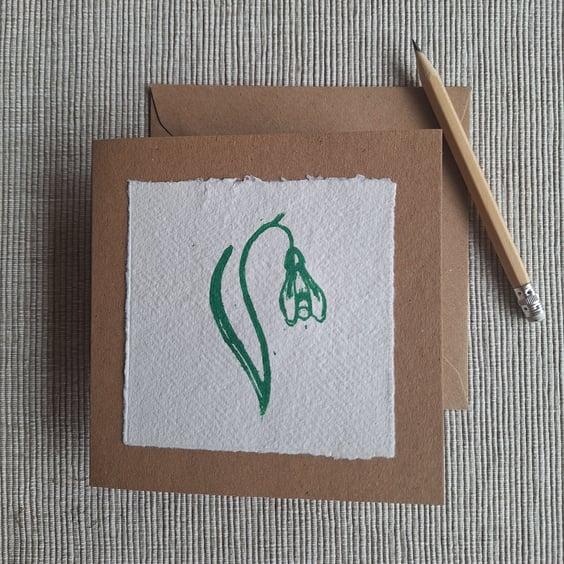 Linoprinted snowdrop greetings card
