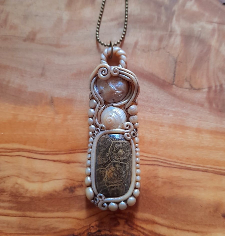 Fossil Coral with Seashell and Polymer Clay Goddess Pendant