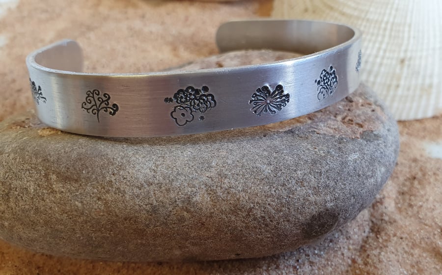 Floral Hand Stamped Bangle, Cuff