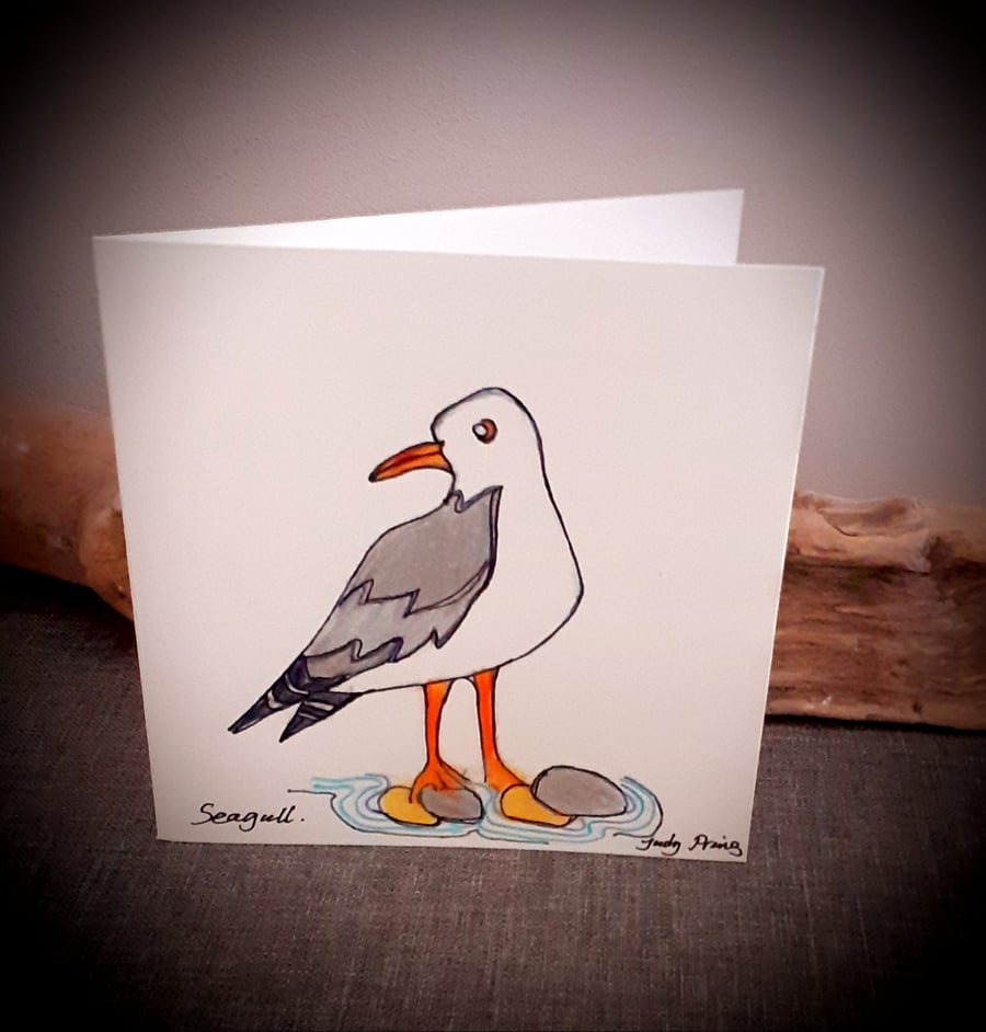 Hand drawn seagull coastal bird card 