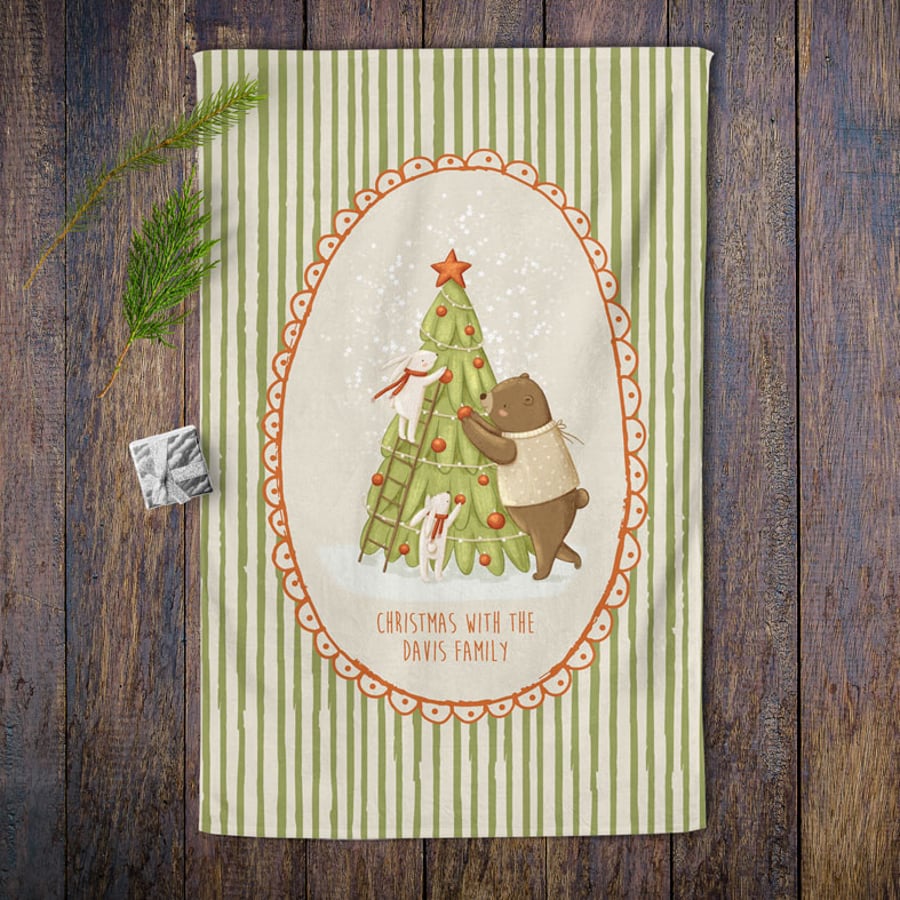 Christmas Tree Personalised Tea Towel - 100% cotton Christmas Kitchen Gift