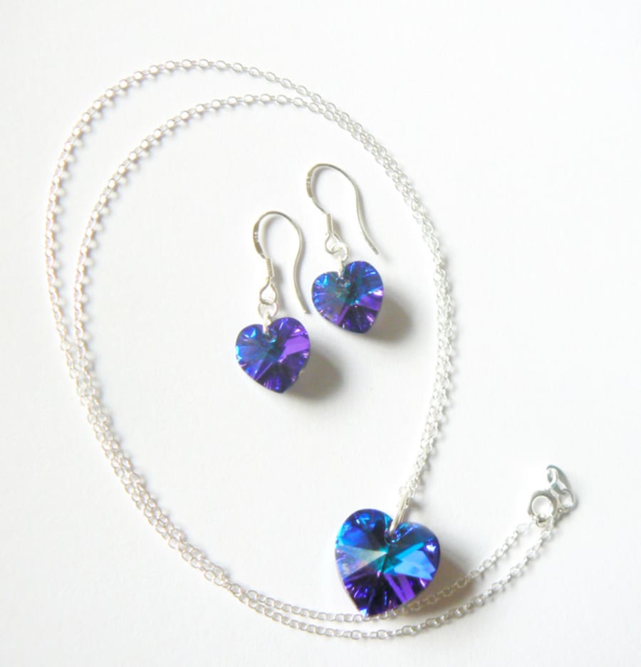 Blue AB Swarovski Heart Pendant and Earring Set