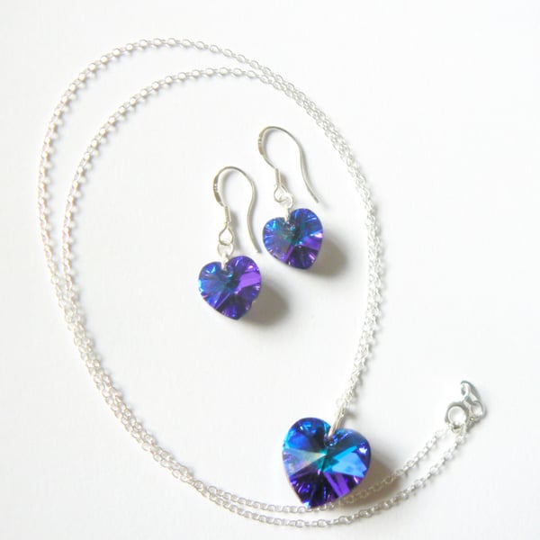 Blue AB Swarovski Heart Pendant and Earring Set