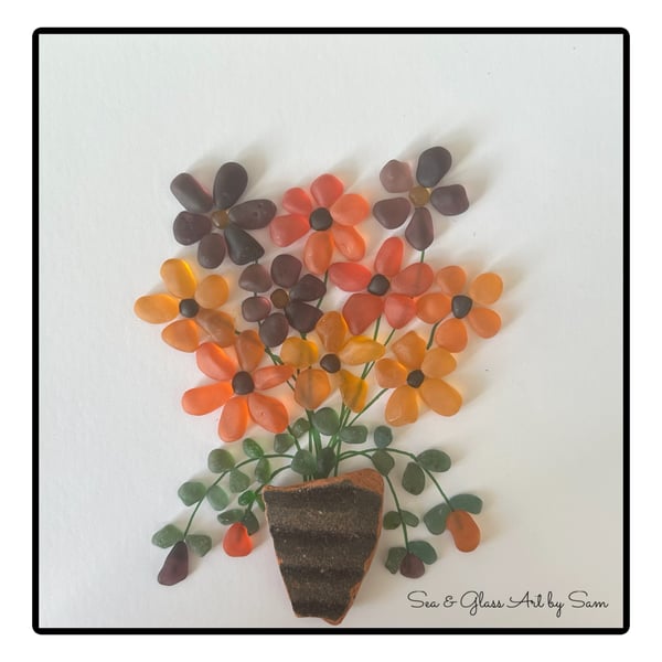 Handmade Sea Glass Flower Bouquet - Framed 8x8 Orange & Purple Autumn Floral Art
