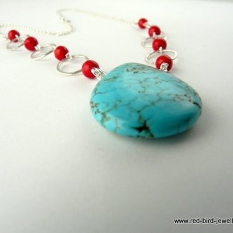  Turquoise, coral and silver pendant