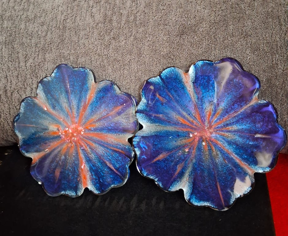 Set of two handmade epoxy resin flower coasters. Blue, pink and silver shimmer.