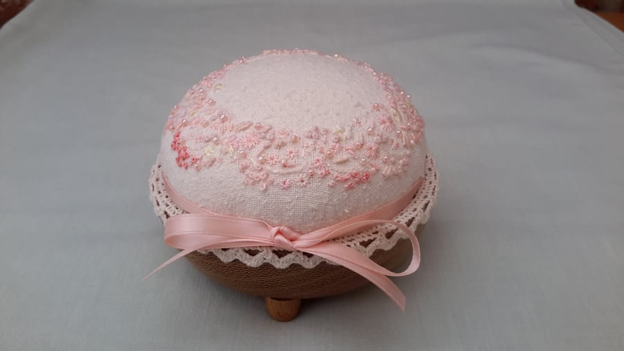 Hand embroidered pincushion, Pink hand sewn pin cushion on wooden base,keepsake 