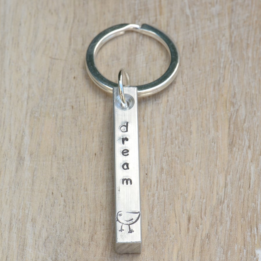 Dream Hand Stamped Aluminium Keyring with Bird