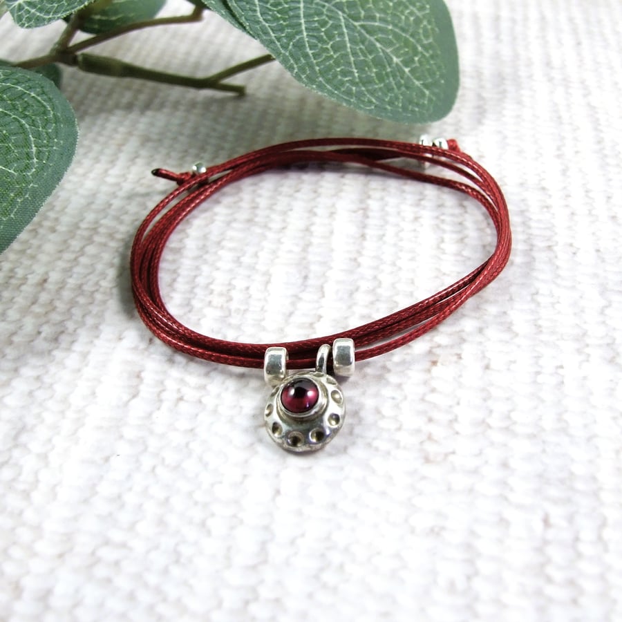 Silver Garnet Pebble Necklace or Wrap Bracelet on Waxed Cord
