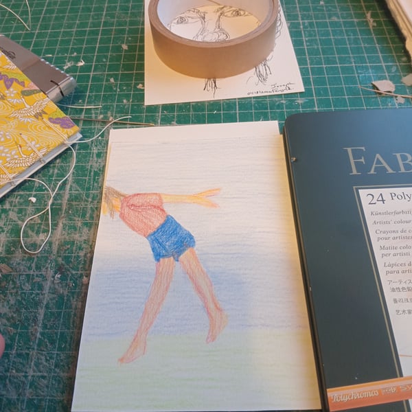 Original coloured pencil drawing naive illustration 'Jump'. A6