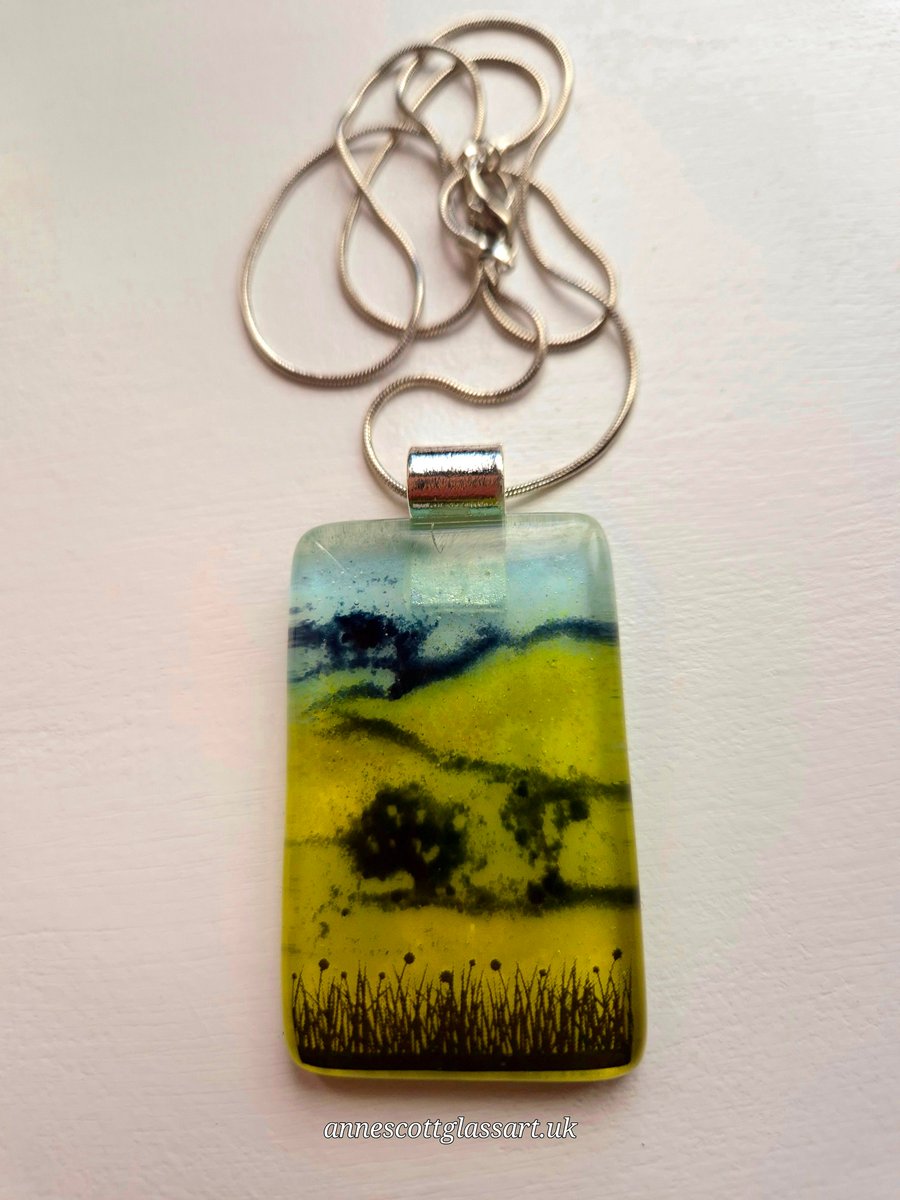 Handmade Meadow Fields (b) Fused Glass Pedant Necklace