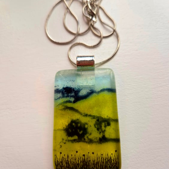 Handmade Meadow Fields (b) Fused Glass Pedant Necklace