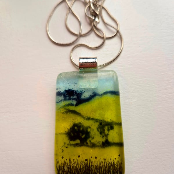 Handmade Meadow Fields (b) Fused Glass Pedant Necklace