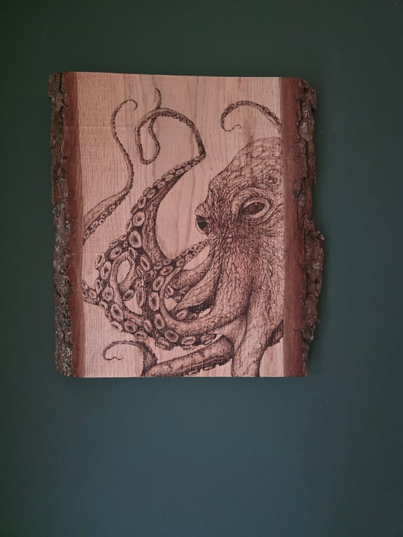 Octopus pyrography on live edge board