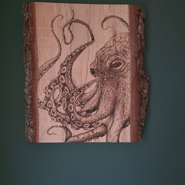 Octopus pyrography on live edge board