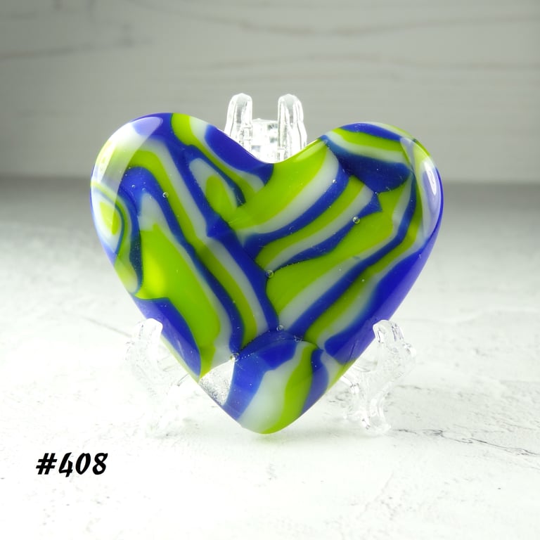 Green blue fused glass heart with acrylic stand, 5x4.5cm (408)