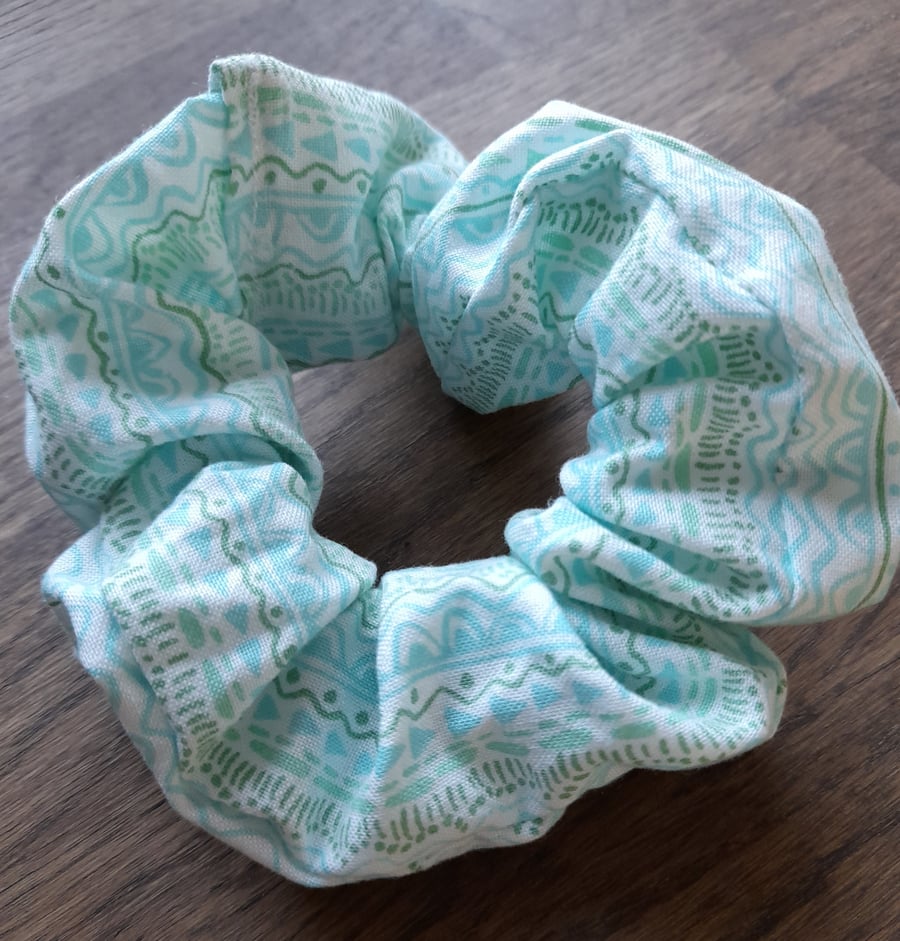 Pastel Green And Blue Geometric Design Hair Scrunchie. Hair Accessories.