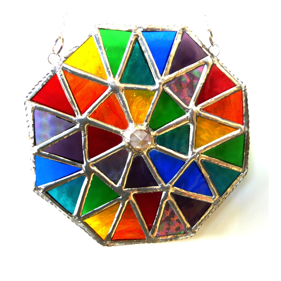sold Rainbow Patchwork Octagon Suncatcher Stained Glass Handmade 009