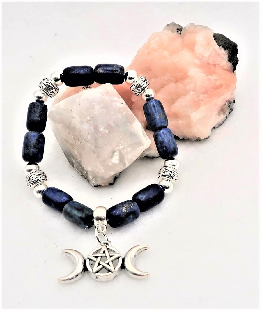 Lapis Lazuli Triple Moon Stretch Bracelet for Hecate. Free UK Postage.
