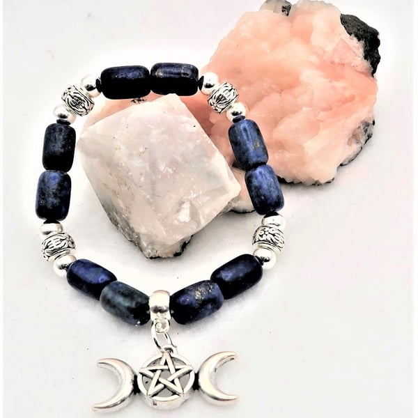 Lapis Lazuli Triple Moon Stretch Bracelet for Hecate. Free UK Postage.