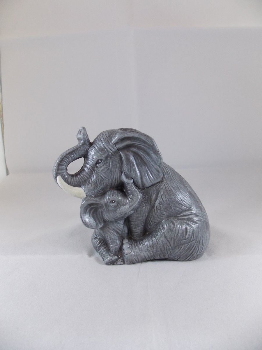 Ceramic Hand Painted Small Grey Mother & Baby Elephants Animal Figurine Ornament