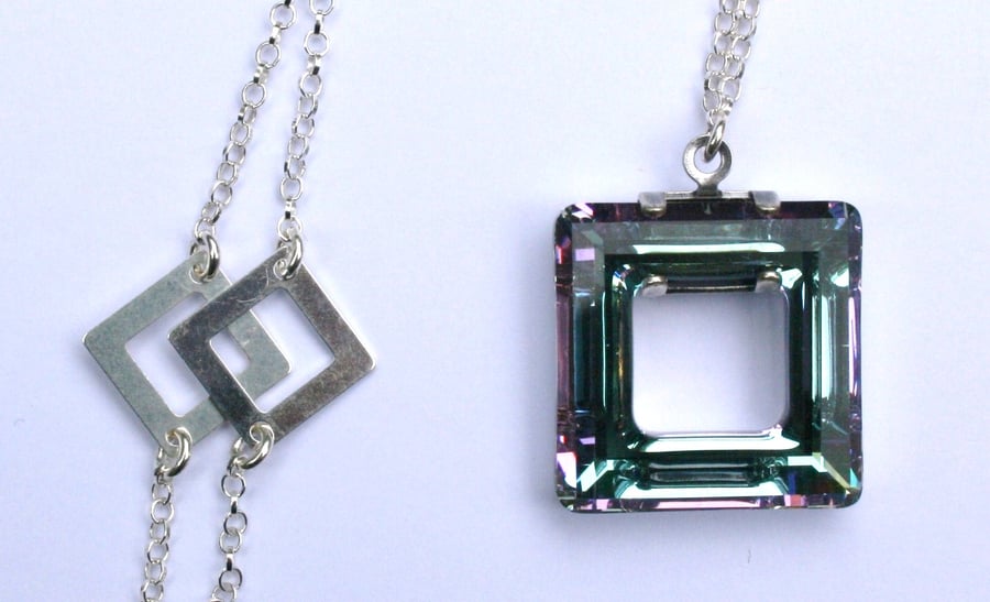 Retro square Swarovski crystal element pendant long necklace 
