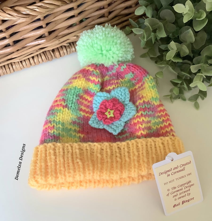 Girl's Knitted Multicoloured Pom Pom  Flower Beanie Hat 9 -18 Months Size