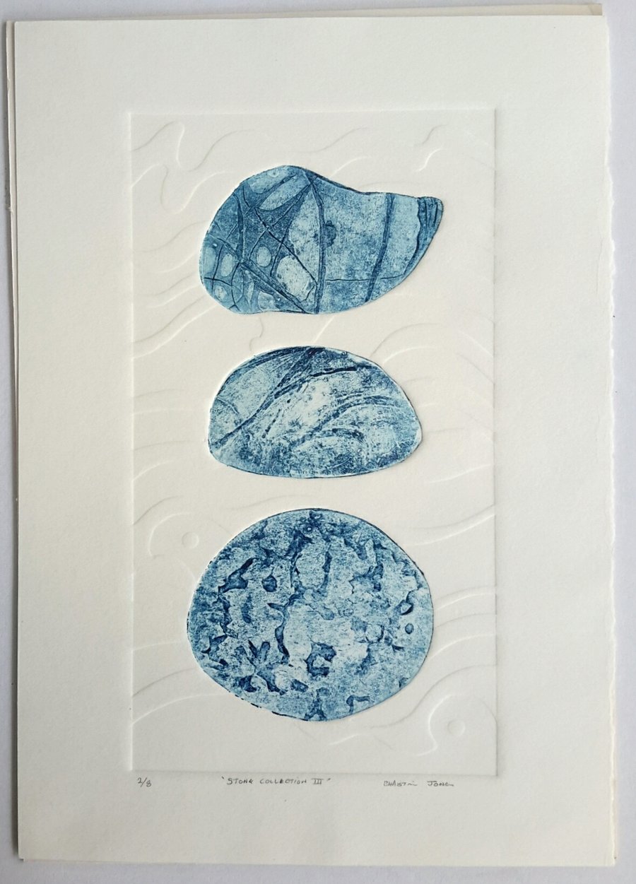 Pebbles collagraph print  Stone Collection III blue free post & packing