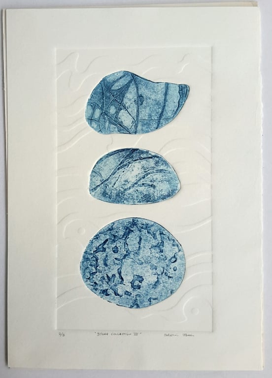Pebbles collagraph print  Stone Collection III blue free post & packing