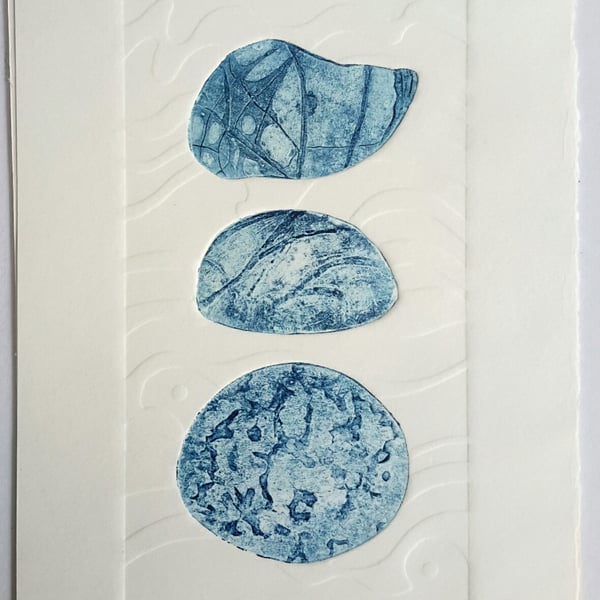 Pebbles collagraph print  Stone Collection III blue free post & packing