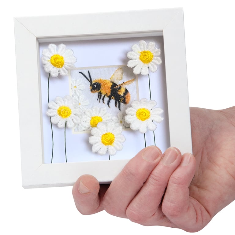 Bee picture, bee with daisies textile art, bee gift