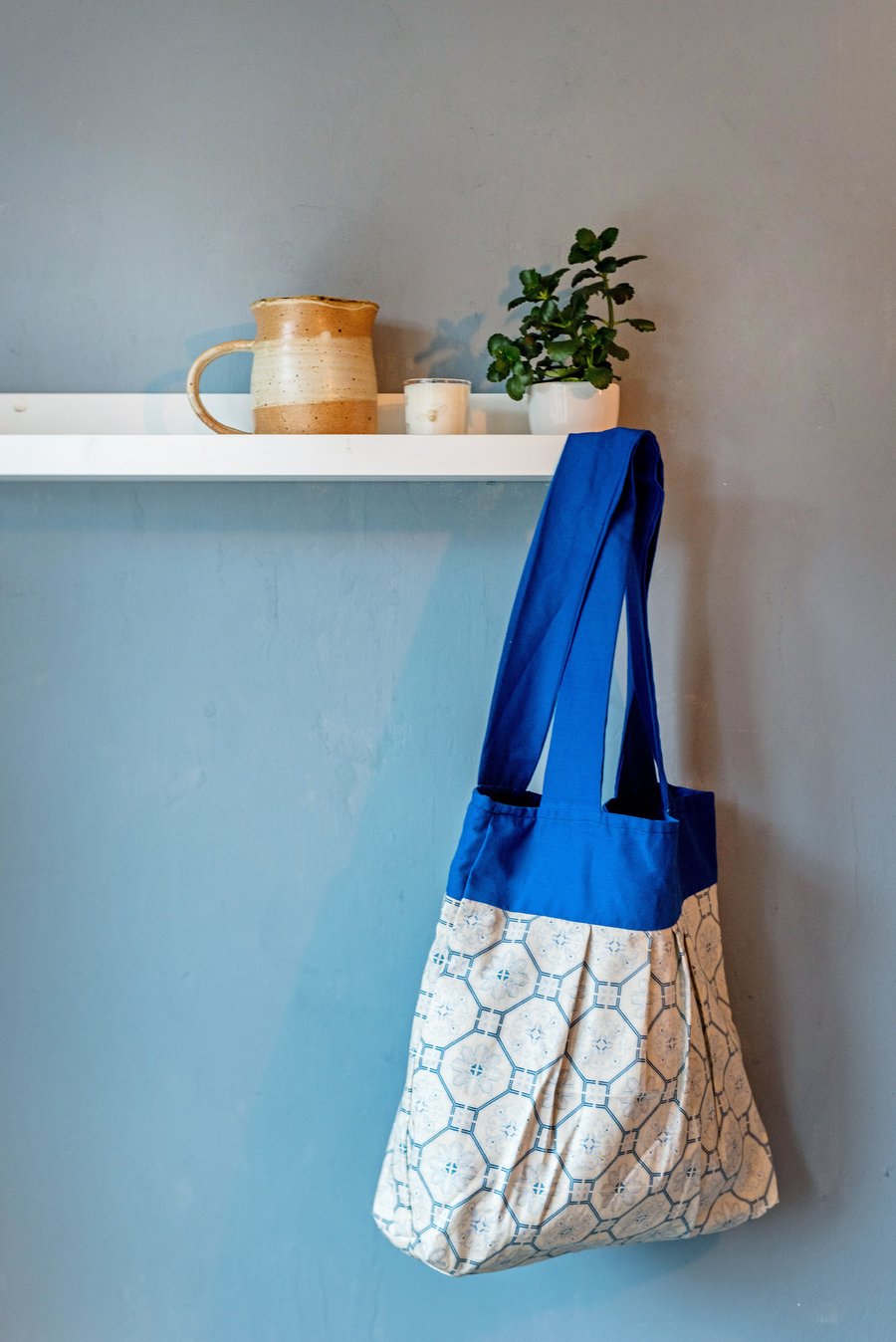 Blue and White Pleated Tote