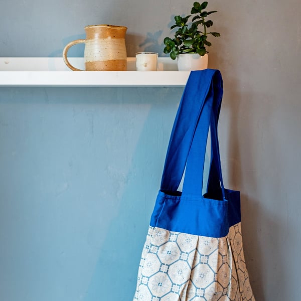 Blue and White Pleated Tote