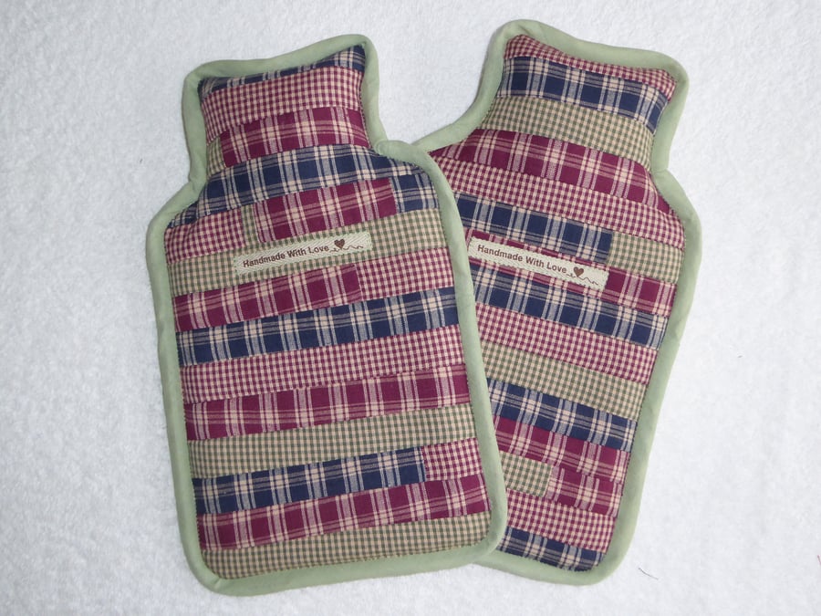 Patchwork Hot Water Bottle Cover.  Checks with Green Trim.