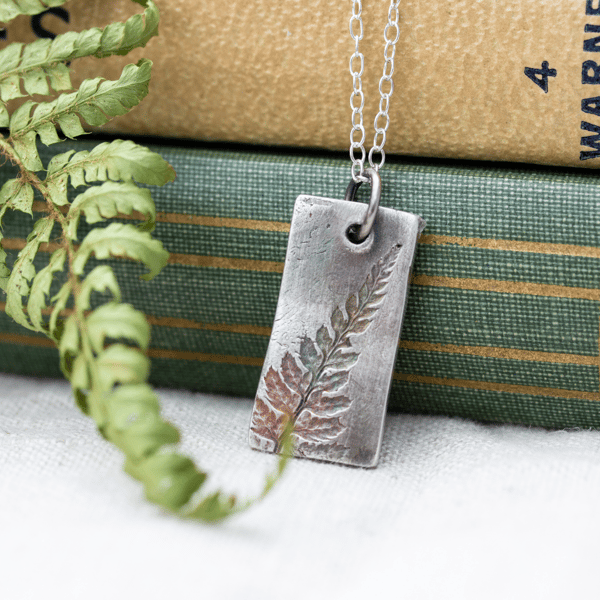 Recycled Silver Fern Leaf Pattern Oxidised Rectangle Pendant, Nature Inspired