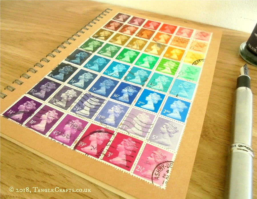 Rainbow Bullet Journal - Upcycled British Postage Stamps, A5 spiral notebook