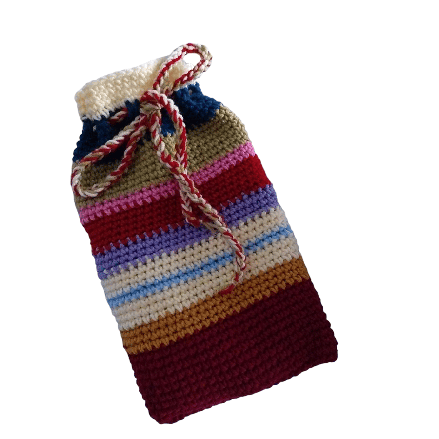 Handmade Crocheted Hot Water Bottle Cover, Drawstring Closure, Random Stripes 